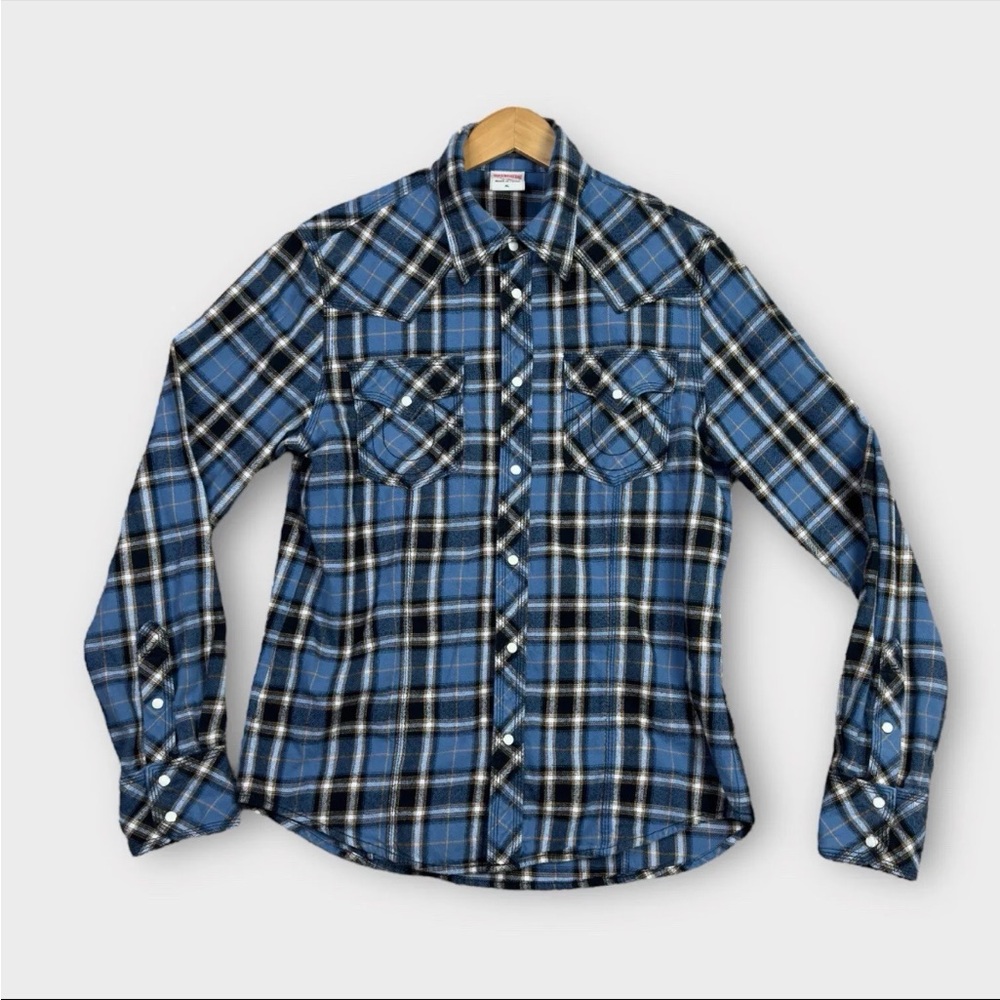 True Religion Flannel Shirt Mens XL Blue Plaid Pearl Snap Western Long Sleeve